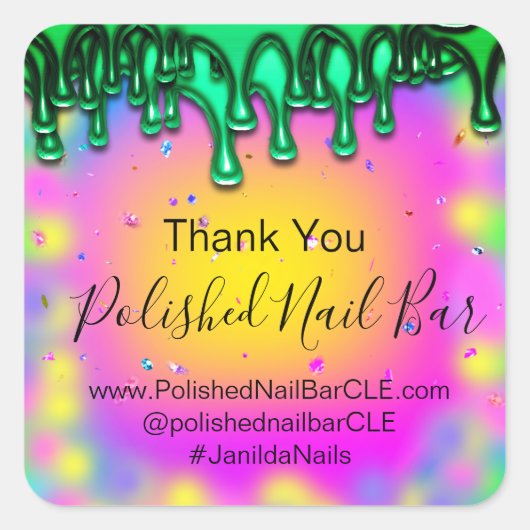 ホログラフィーサンキューブティックドリップホットピンクグリーン スクエアシール (正面)