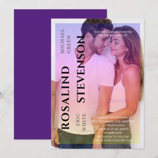 ホログラフィー ピンク パープル オーバーレイ フォト ウェディング 招待状 (正面/裏面)