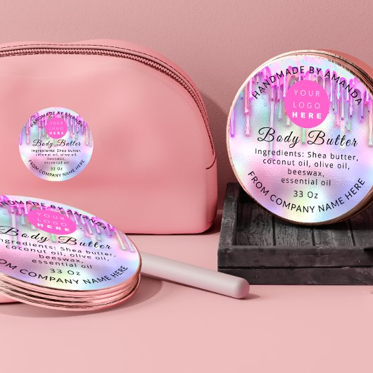 ホログラフカスタムロゴ名体金ゴールドドリップピンク ラウンドシール