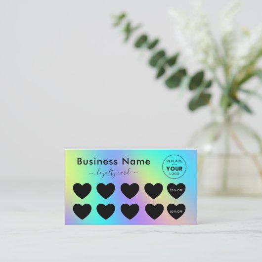 ホログラフカラフルブラックハート追加ロゴ美しい ロイヤリティカード (スタンド正面)