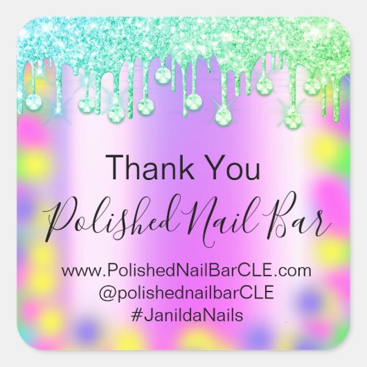 ホログラフサンキューダイヤモンドドリップス爪、 ネイルホットピンク スクエアシール (正面)