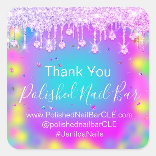 ホログラフサンキューダイヤモンドドリップ爪、 ネイルホットピンクVIP スクエアシール (正面)