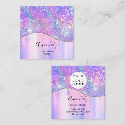ホログラフドリップソープピンクロゴマーメイドワックス爪、 ネイル スクエア名刺 (正面/裏面)
