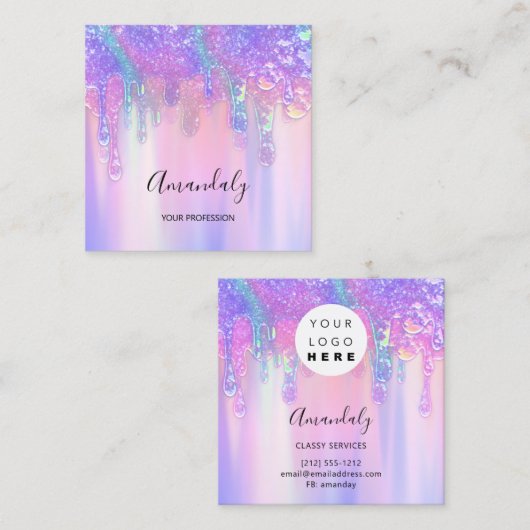 ホログラフドリップ化粧品爪、 ネイルピンクのロゴワックス スクエア名刺 (正面/裏面)