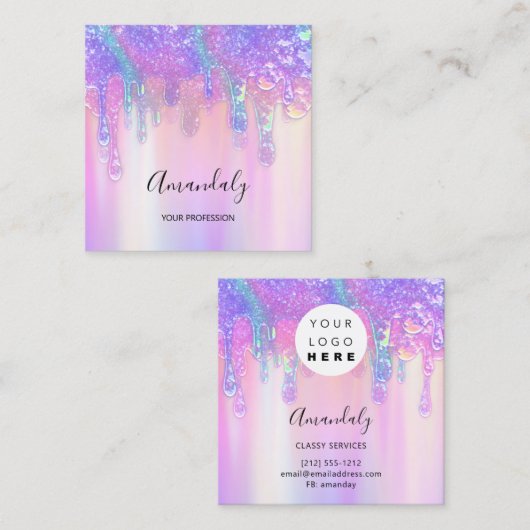 ホログラフドリップ化粧品爪、 ネイルピンクロゴ美しいS スクエア名刺 (正面/裏面)