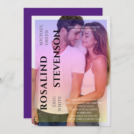 ホログラフピンクパープルオーバーレイ結婚フォト 招待状 (正面/裏面)