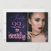 ホログラフピンクパープルネイビーブルー誕生日 招待状 (正面)