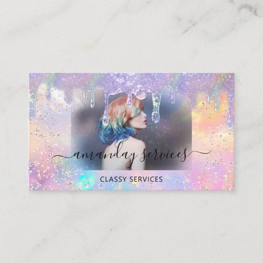 ホログラフブティックショップドリップQRロゴフォトヘア 名刺 (正面)