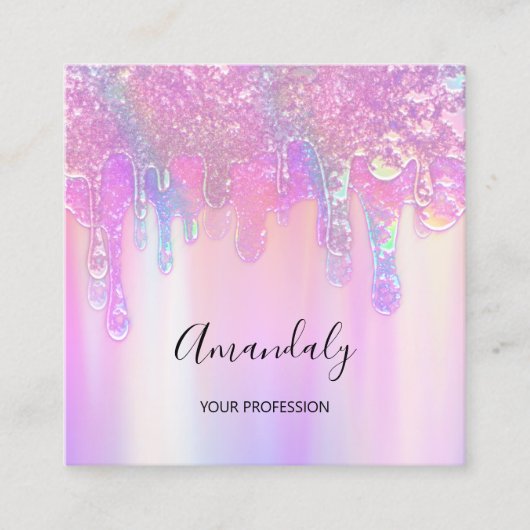 ホログラフブルードリップ化粧品爪、 ネイルピンクロゴ スクエア名刺 (正面)