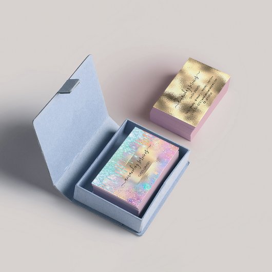 ホログラフメイクアップブティックショップブルーグリッタードリップ 名刺