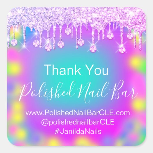 ホログラフ感謝していダイヤモンドドリップ爪、 ネイルホットピンク スクエアシール (正面)