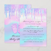 ホログラム ユニコーン ベイビー シャワー 女の子の足 グリッター 招待状 (正面/裏面)