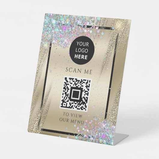 ホログリッタービジネスQRコードロゴメタリック金ゴールド 台座サイン (正面)