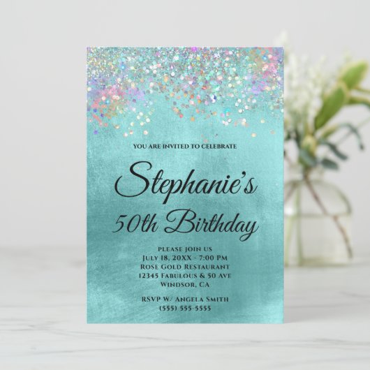 ホログリッター淡い色のアクアブルーフォイルファンシーモノグラム 招待状 (スタンド正面)