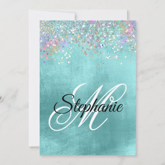 ホログリッター淡い色のアクアブルーフォイルファンシーモノグラム 招待状 (裏面)