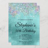 ホログリッター淡い色のアクアブルーフォイルファンシーモノグラム 招待状 (正面/裏面)