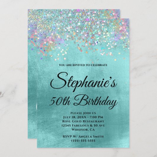 ホログリッター淡い色のアクアブルーフォイルファンシーモノグラム 招待状 (正面/裏面)