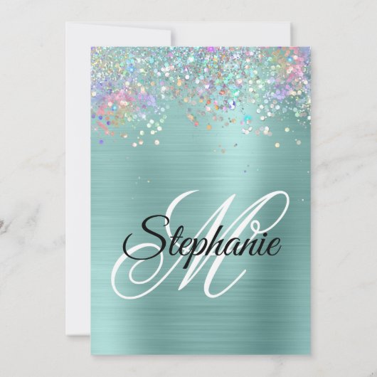 ホログリッター淡い色のターコイズフォイルファンシーモノグラム 招待状 (裏面)