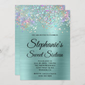 ホログリッター淡い色のターコイズフォイルSweet sixteen 招待状 (正面/裏面)