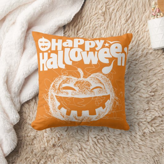 ホワおもしろいートカボチャ顔ハロウィーンタイポグラフィ クッション (ブランケット)