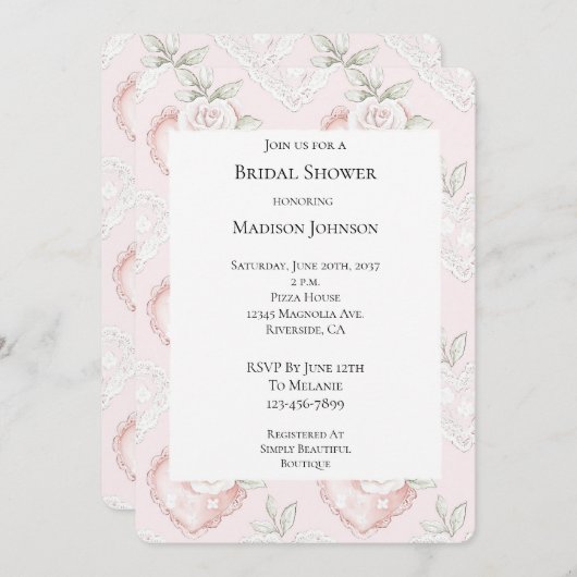 ホワかわいらしイトローゼレースハートブライダルシャワー 招待状 (正面/裏面)