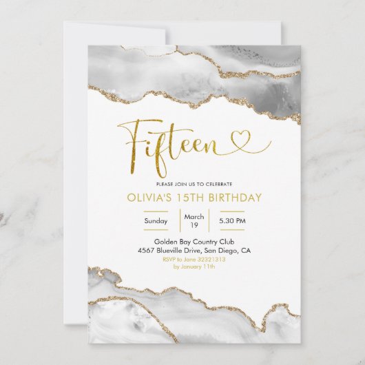 ホワイエレガントトアンド金ゴールドエーゲートフィーチ誕生日 招待状 (正面)