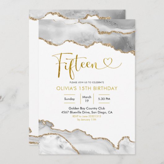 ホワイエレガントトアンド金ゴールドエーゲートフィーチ誕生日 招待状 (正面/裏面)