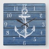 ホワイトいかりとヴィンテージブルーウッド スクエア壁時計 (正面)