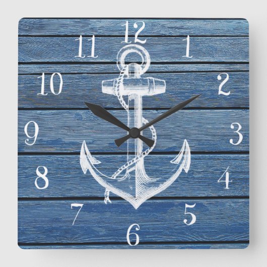 ホワイトいかりとヴィンテージブルーウッド スクエア壁時計 (正面)