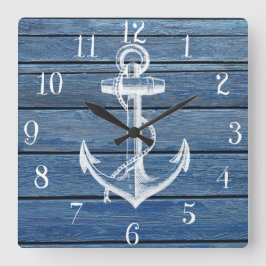 ホワイトいかりとヴィンテージブルーウッド スクエア壁時計