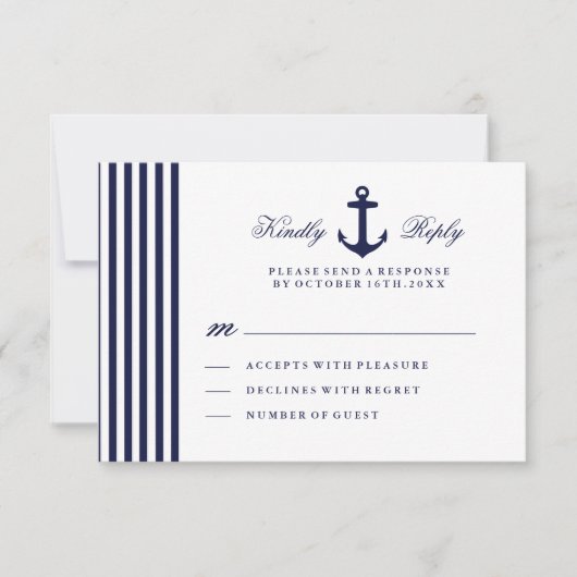 ホワイトおよびネイビーブルー航海のRSVPカード 出欠カード (正面)