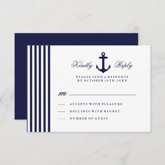 ホワイトおよびネイビーブルー航海のRSVPカード 出欠カード (正面/裏面)