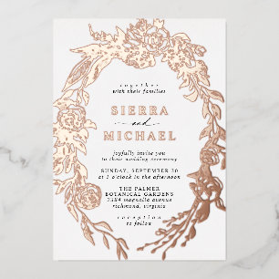 ホワイトおよびバラ金ゴールドフローラ エレガント庭園の結婚式 箔招待状