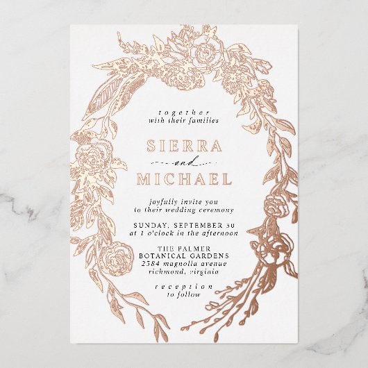 ホワイトおよびバラ金ゴールドフローラ |エレガント庭園の結婚式 箔招待状 (正面)