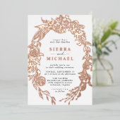 ホワイトおよびバラ金ゴールドフローラ |エレガント庭園の結婚式 箔招待状 (立ち正面)