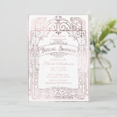 ホワイトおよびバラ金ゴールドヴィンテージビクトリアンブライダルシャワー 招待状 (スタンド正面)