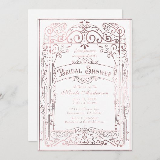 ホワイトおよびバラ金ゴールドヴィンテージビクトリアンブライダルシャワー 招待状 (正面/裏面)