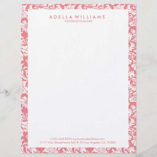 ホワイトおよびピンクのヴィンテージフローラのダマスパターン レターヘッド (正面)