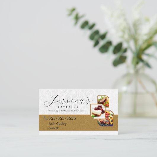 ホワイトおよび金ゴールドエレガントケータリング名刺 名刺 (スタンド正面)