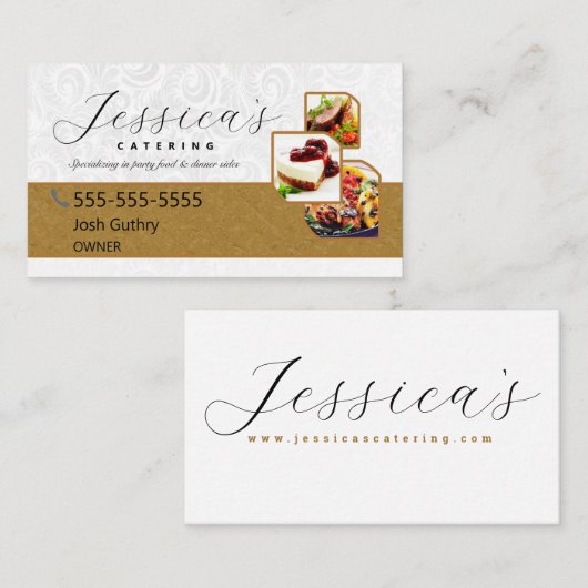 ホワイトおよび金ゴールドエレガントケータリング名刺 名刺 (正面/裏面)