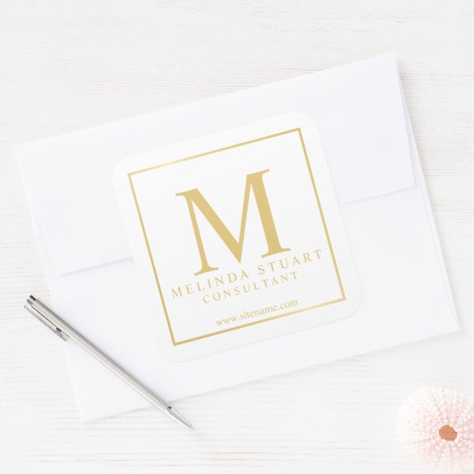 ホワイトおよび金ゴールドエレガントモノグラム事業 スクエアシール (封筒)