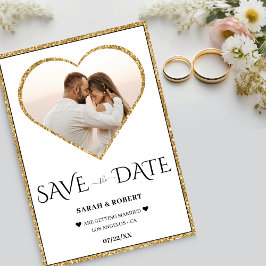 ホワイトおよび金ゴールドグリッターハート結婚写真 セーブザデート