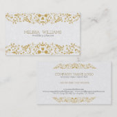 ホワイトおよび金ゴールドグリッターヴィンテージフローラ旋回 名刺 (正面/裏面)