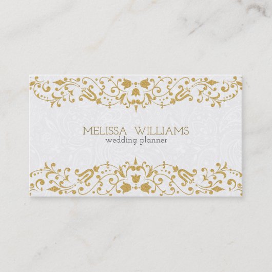 ホワイトおよび金ゴールドグリッターヴィンテージフローラ旋回 名刺 (正面)