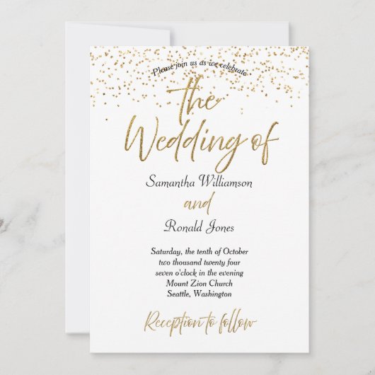 ホワイトおよび金ゴールドグリッター結婚ズ 招待状 (正面)