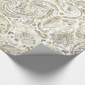 ホワイトおよび金ゴールドフローラペイズリー ラッピングペーパー (角)