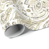 ホワイトおよび金ゴールドフローラペイズリー ラッピングペーパー (ロールコーナー)