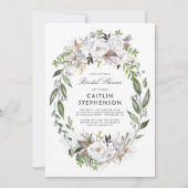 ホワイトおよび金ゴールドフローラリースエレガントブライダルシャワー 招待状 (正面)