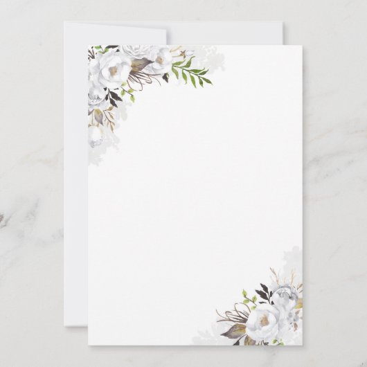 ホワイトおよび金ゴールドフローラリースエレガントブライダルシャワー 招待状 (裏面)