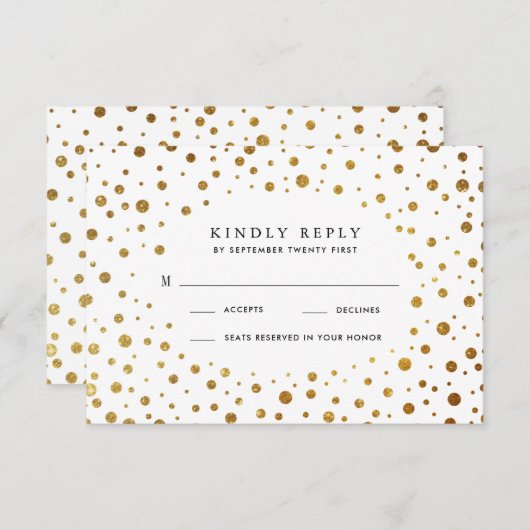 ホワイトおよび金ゴールド紙吹雪フォイル結婚式RSVPカード 出欠カード (正面/裏面)